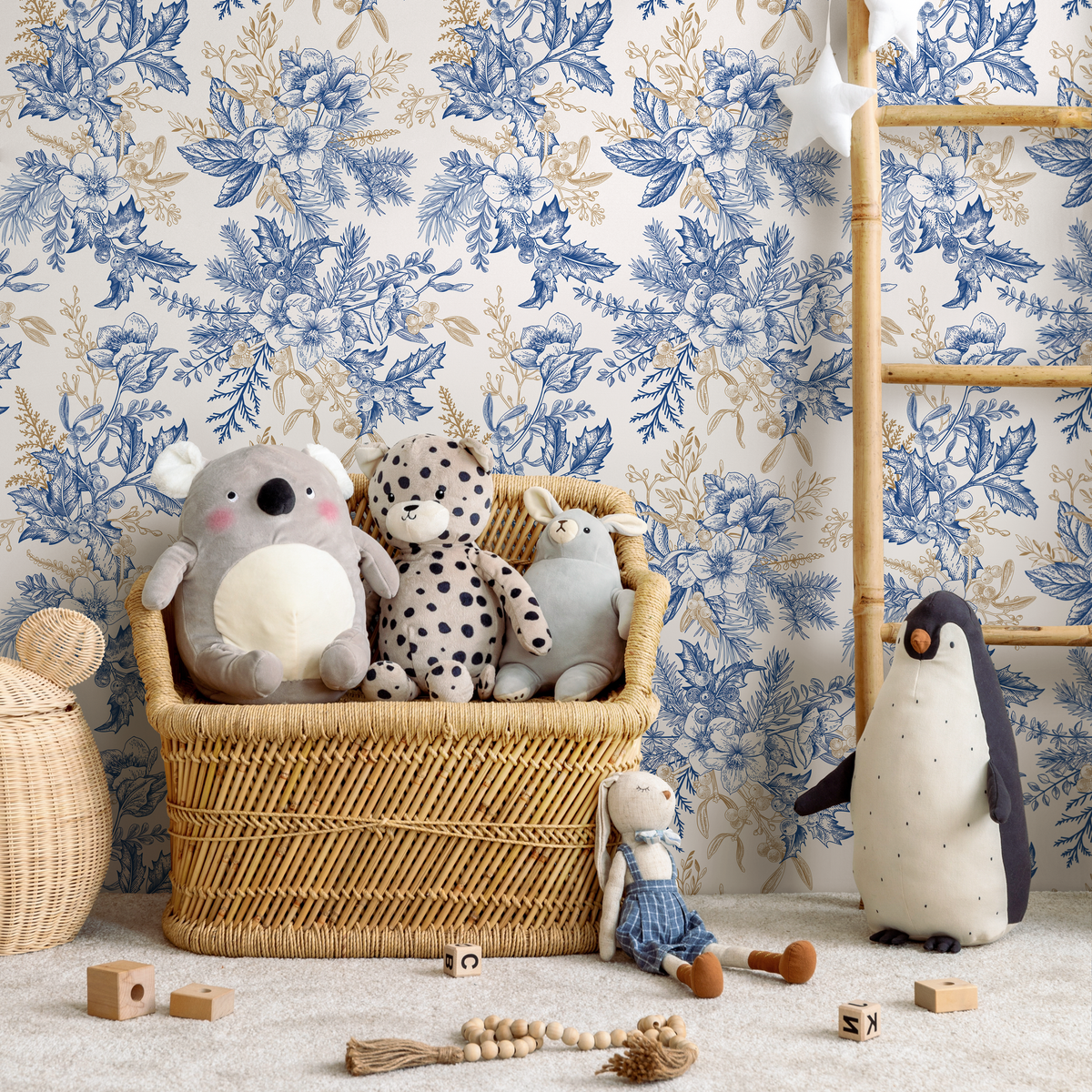 Botanical Wallpaper with Vintage Floral Bouquets in Blue and Gold - detail view