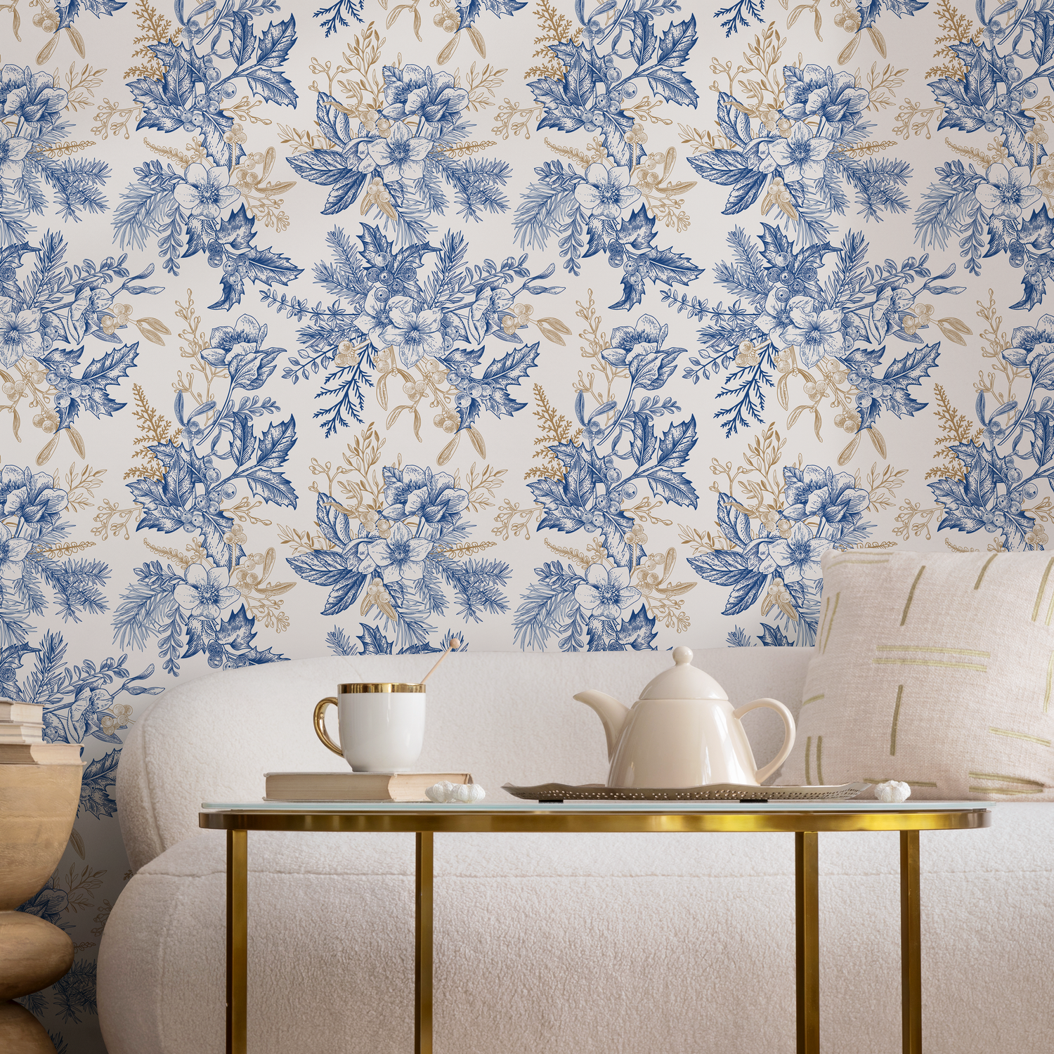 Botanical Wallpaper with Vintage Floral Bouquets in Blue and Gold - B852