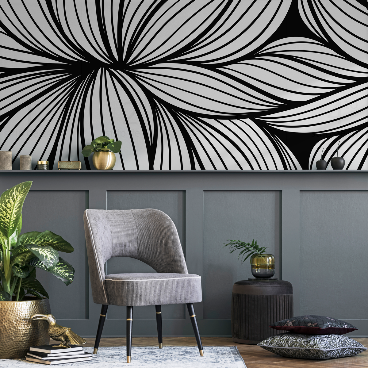 Abstract Wallpaper with a Dynamic Linear Flow in Black and White - detail view