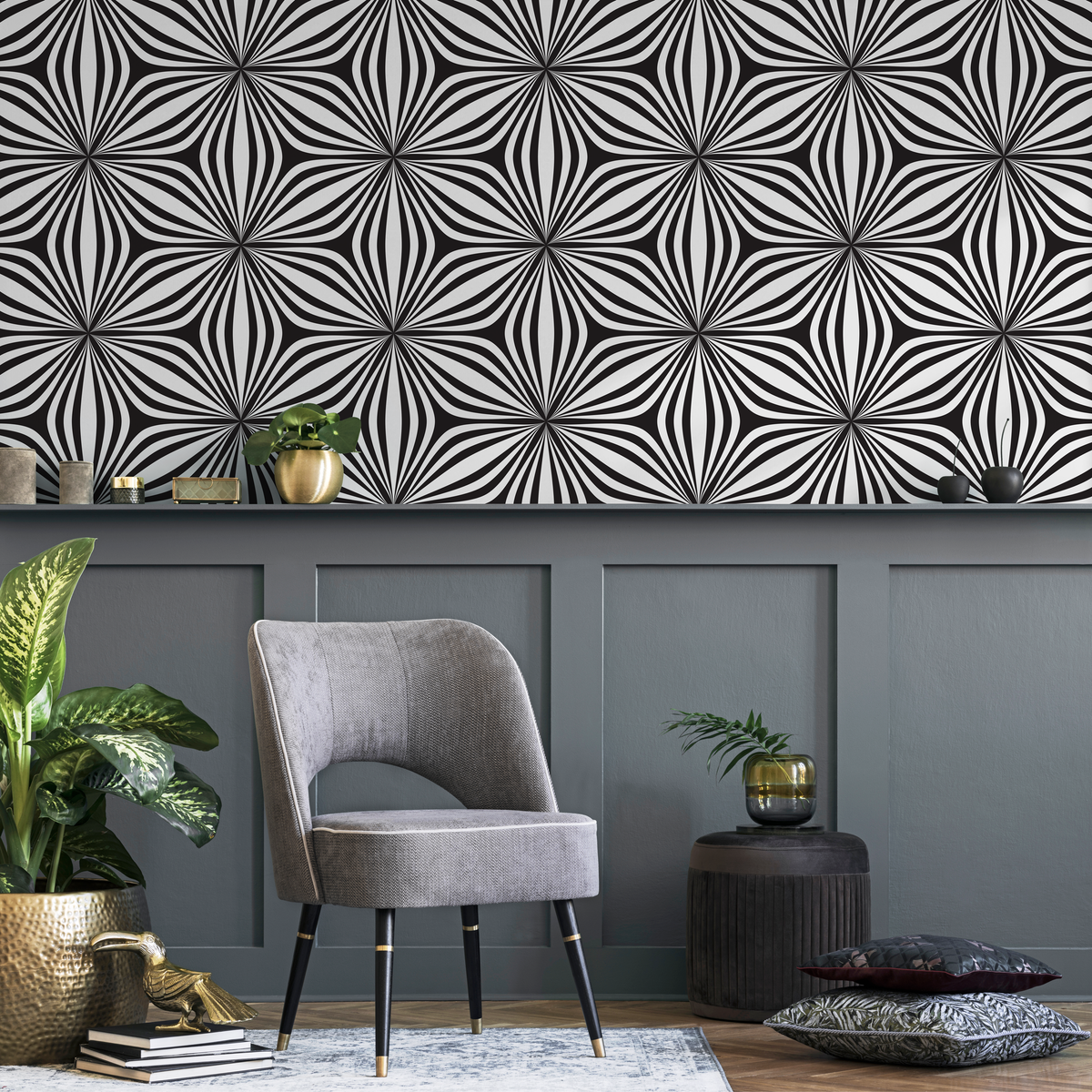 Geometric Wallpaper with a Wavy Optical Illusion in Black and White - detail view