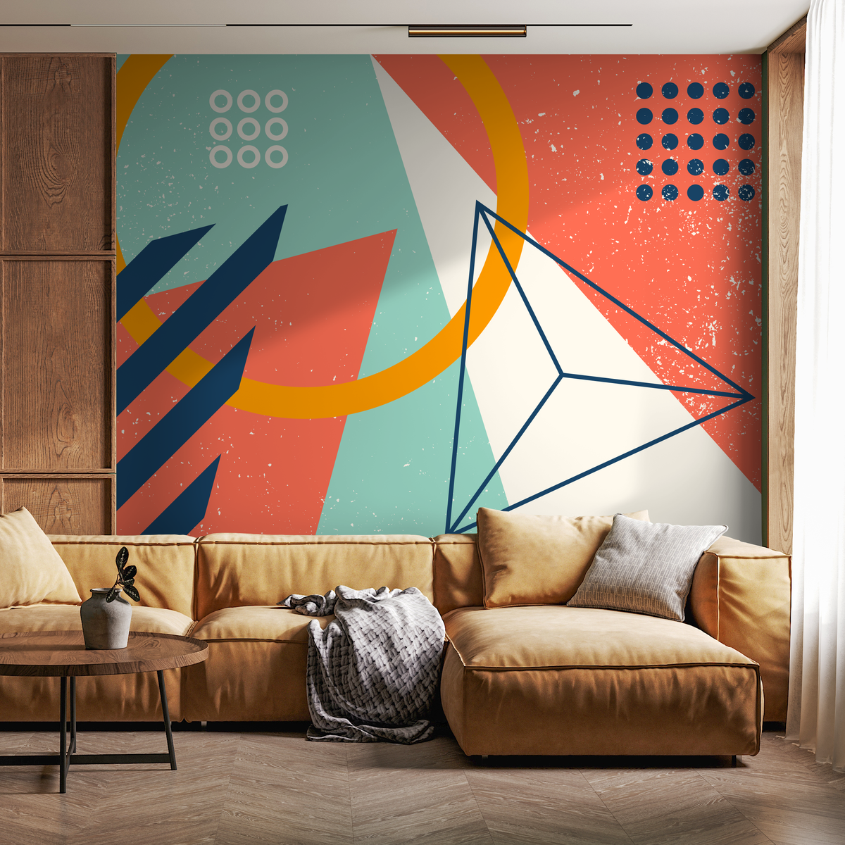 Abstract Wallpaper with Bold Shapes in Coral, Teal, and Blue - detail view