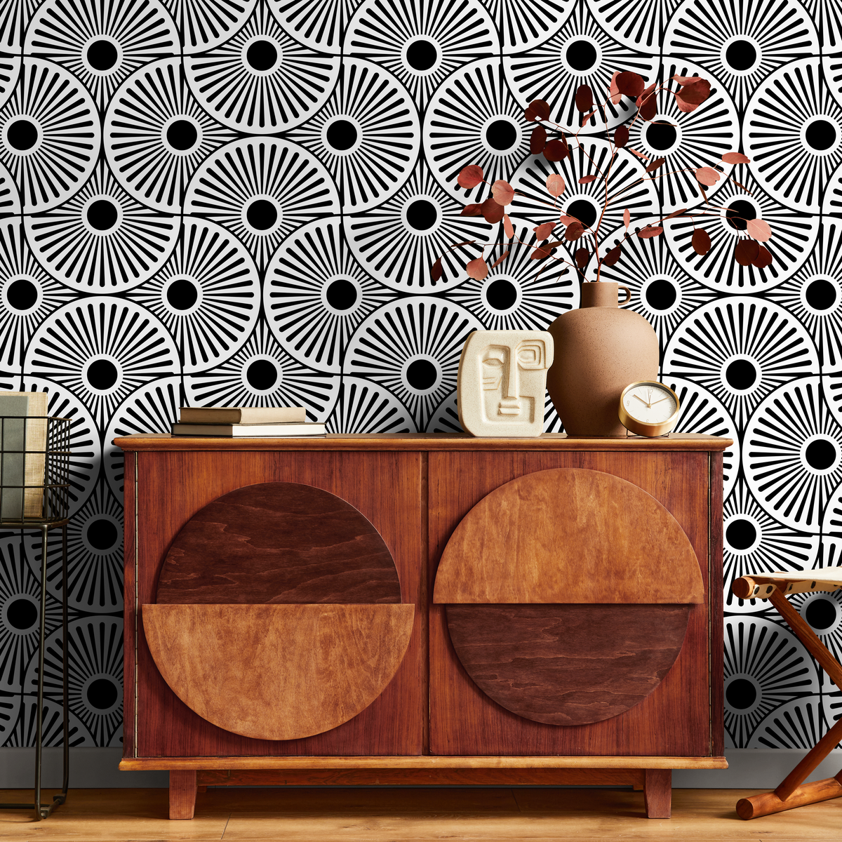 Art Deco Wallpaper Featuring a Bold Sunburst Motif in Black and White - detail view