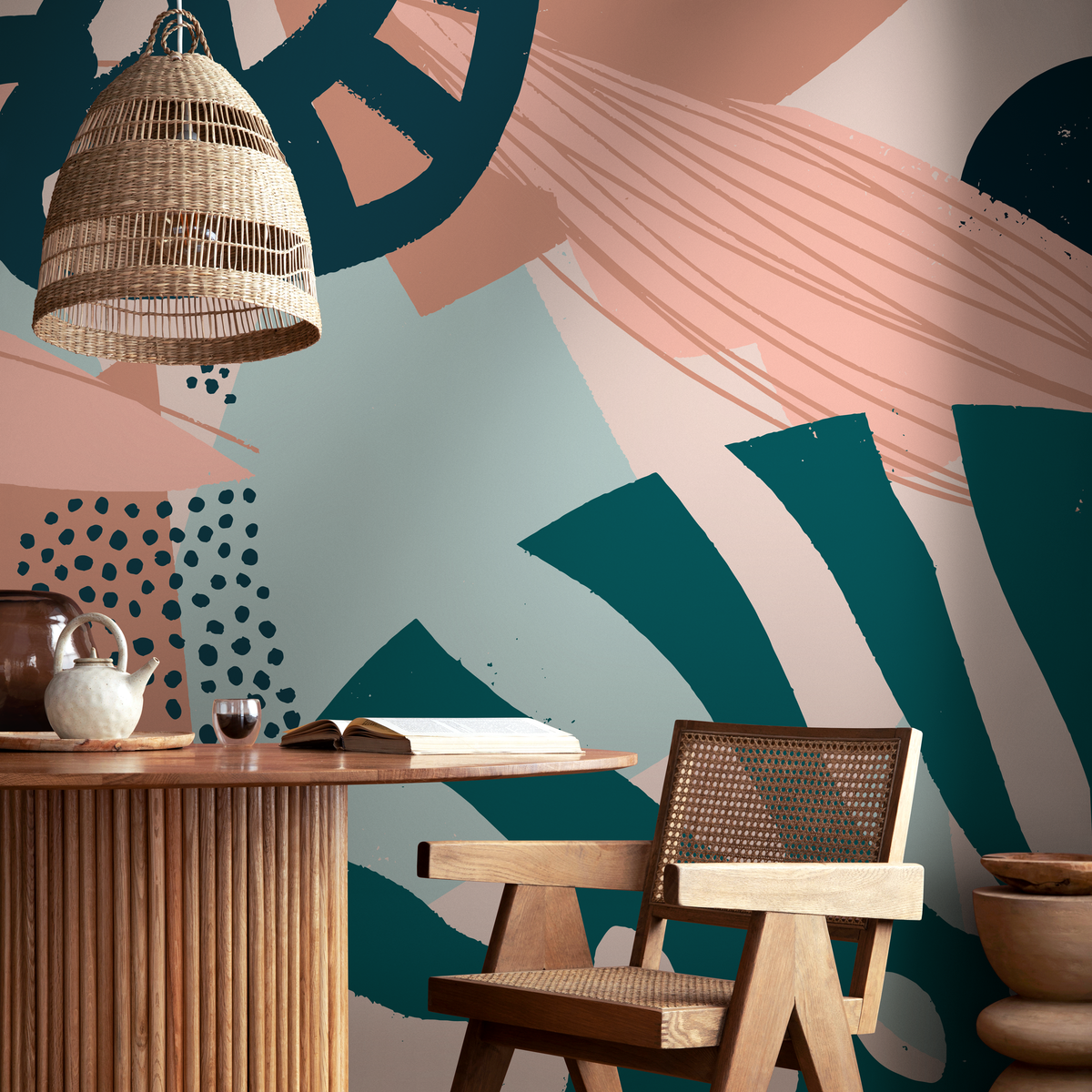 Abstract Wallpaper with Bold Shapes and Brushstrokes in Pink, Teal, and Sage - detail view