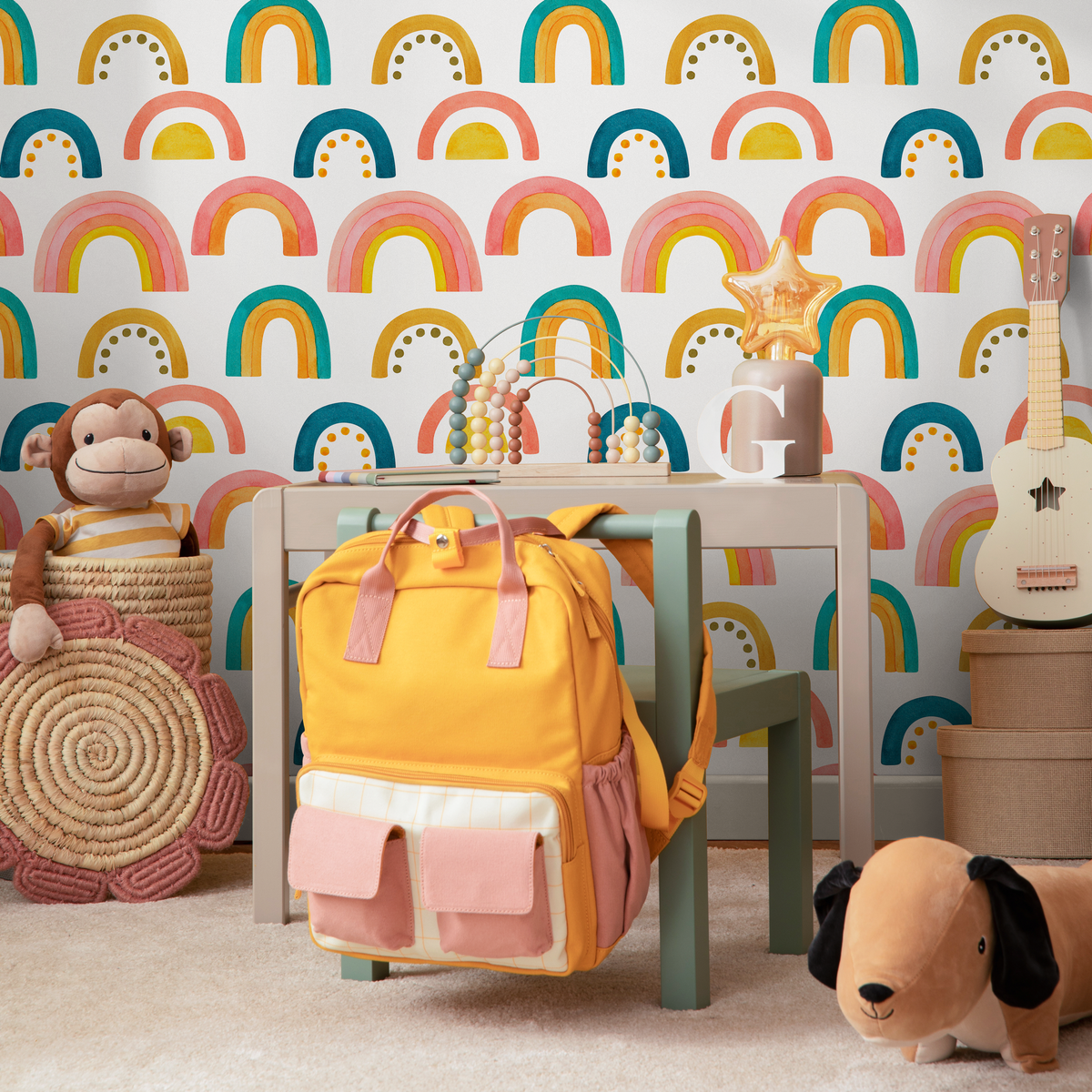Rainbow Wallpaper with a Watercolor Style in Coral, Yellow, and Teal - detail view