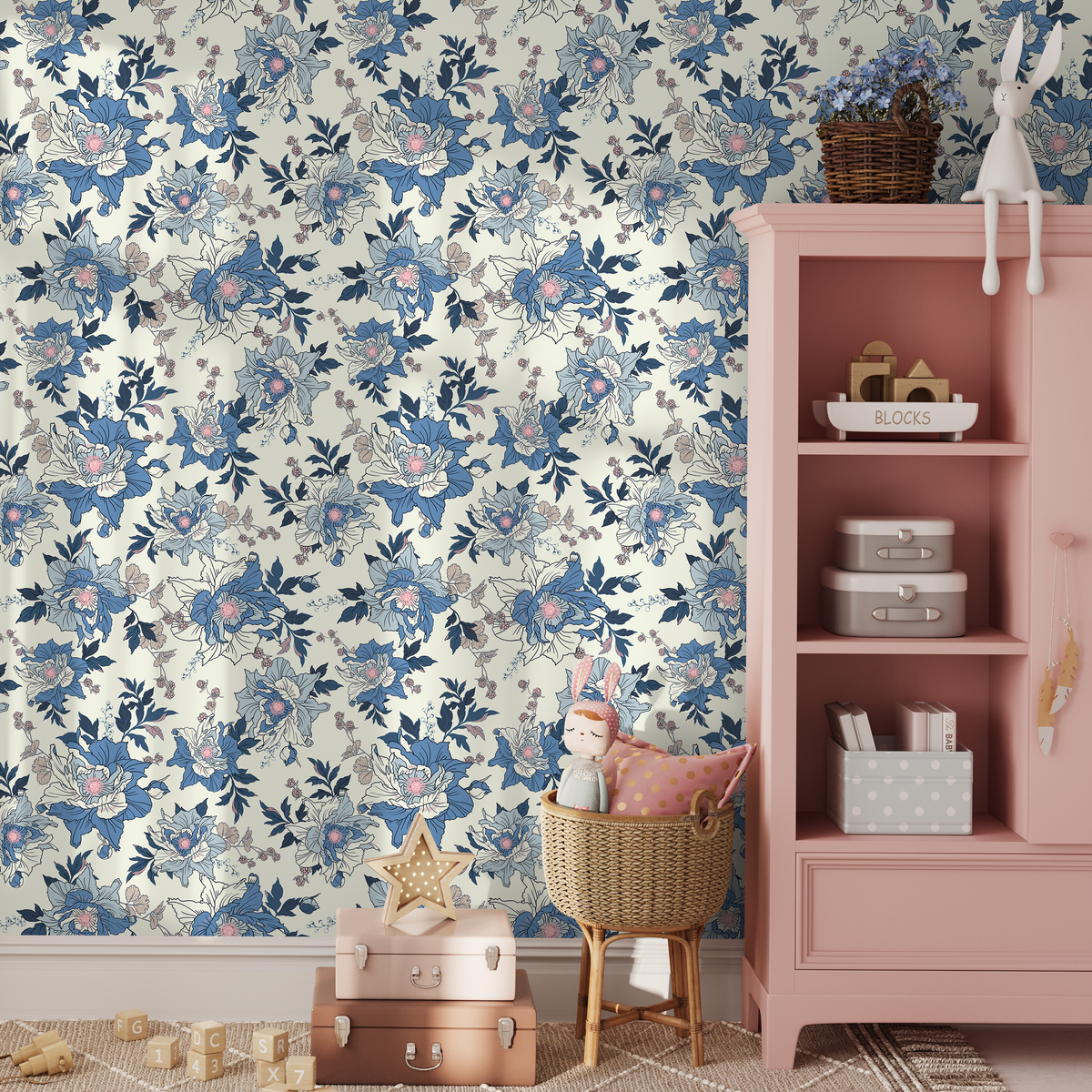 Vintage Floral Wallpaper with Illustrated Peonies in Blue and Pink - detail view
