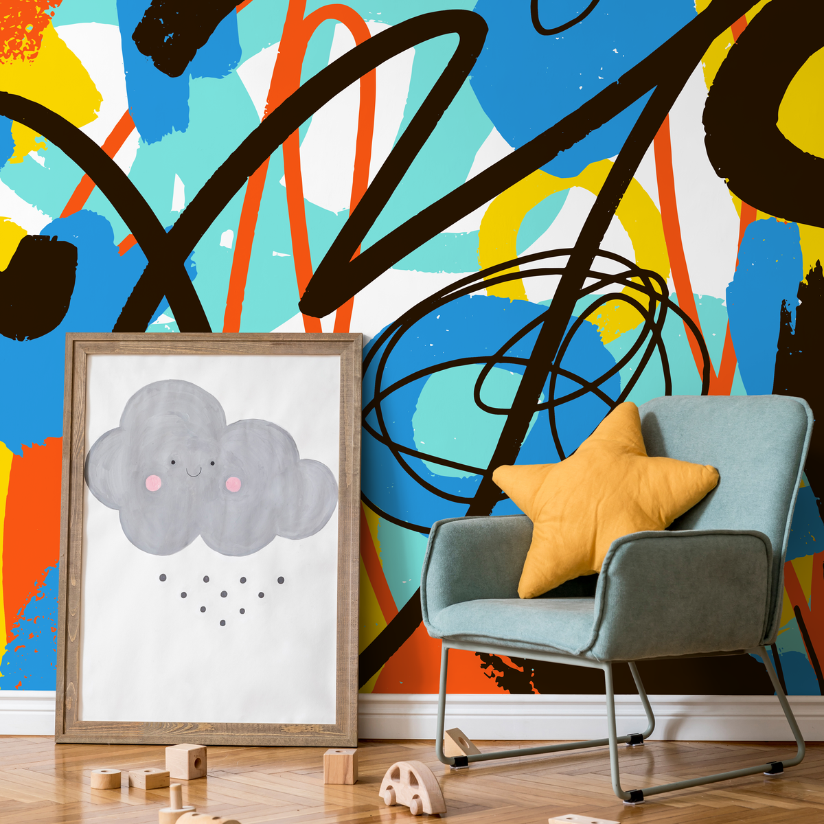 Abstract Wallpaper with a Graffiti Scribble Motif in Blue, Yellow, and Orange - detail view