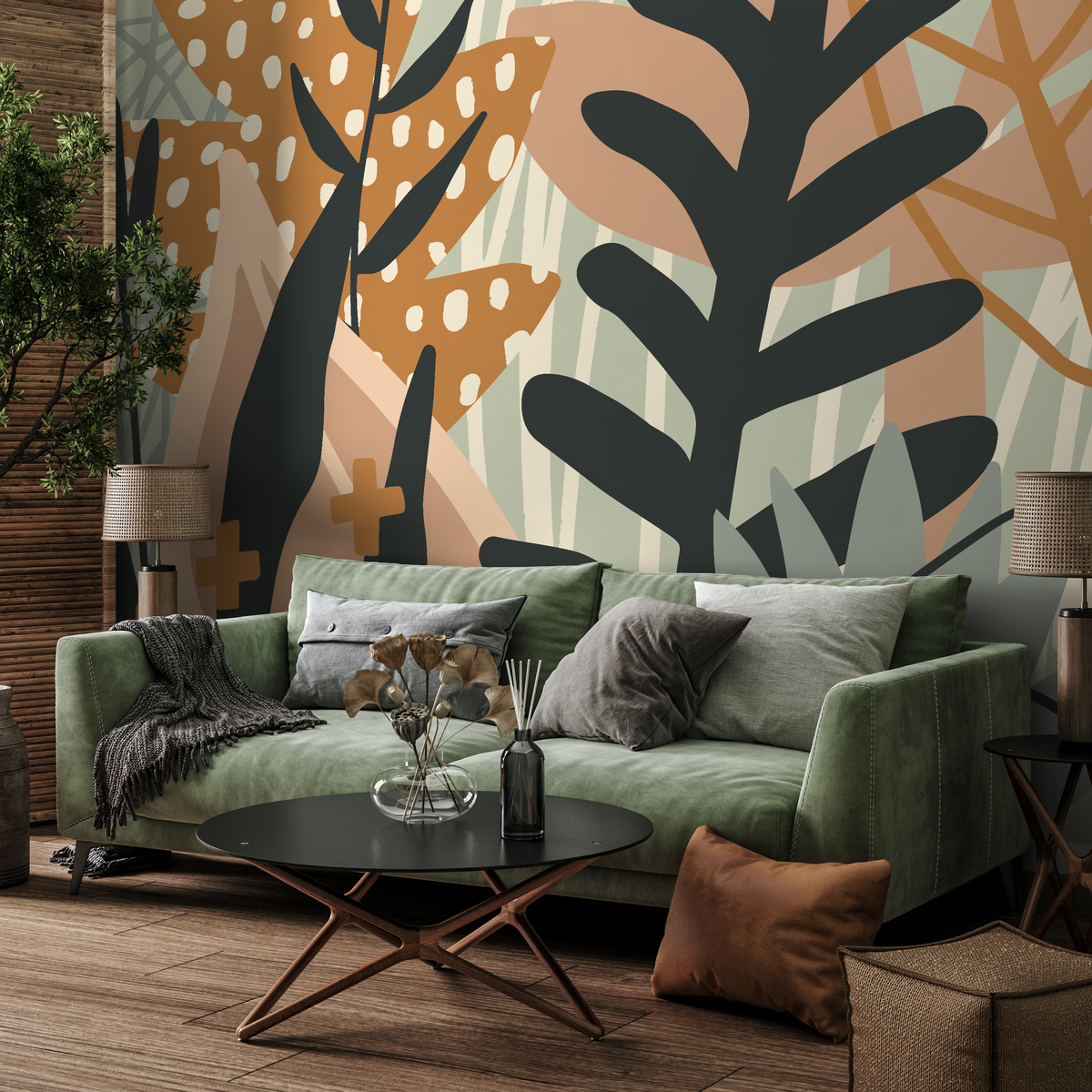 Abstract Wallpaper with Botanical Forms in Brown, Green, and Black - detail view