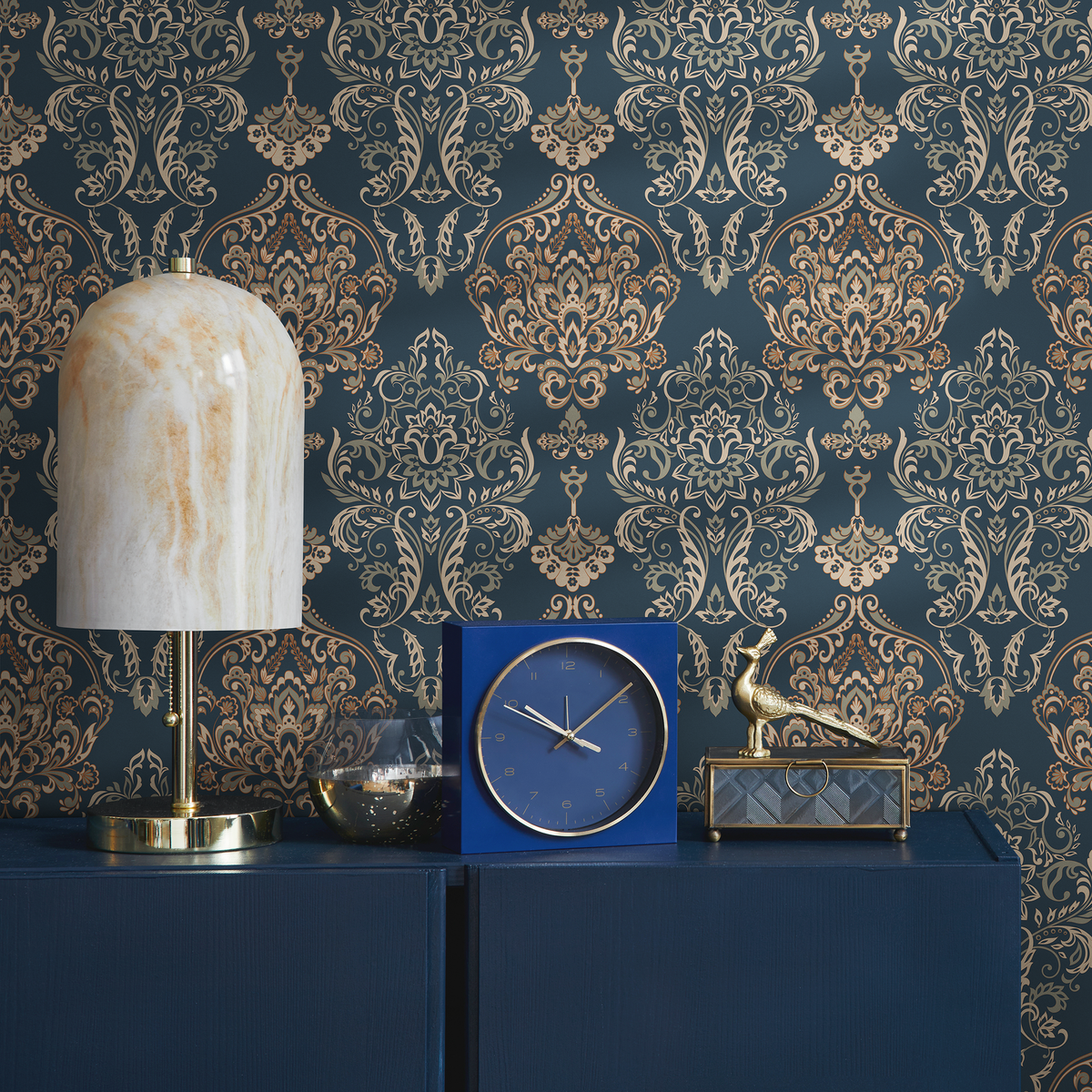 Vintage Damask Wallpaper with an Ornate Motif in Blue, Gold, and Beige - detail view