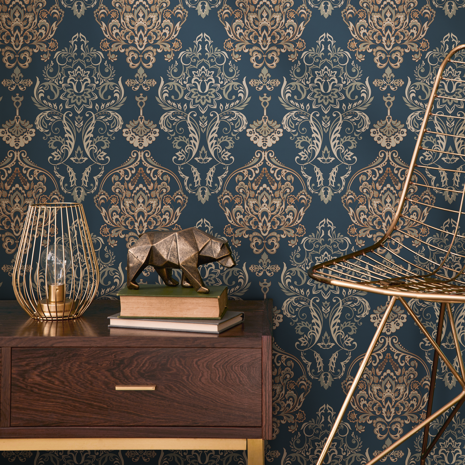 Damask Wallpaper with an Ornate Motif in Blue, Gold, and Beige - B880