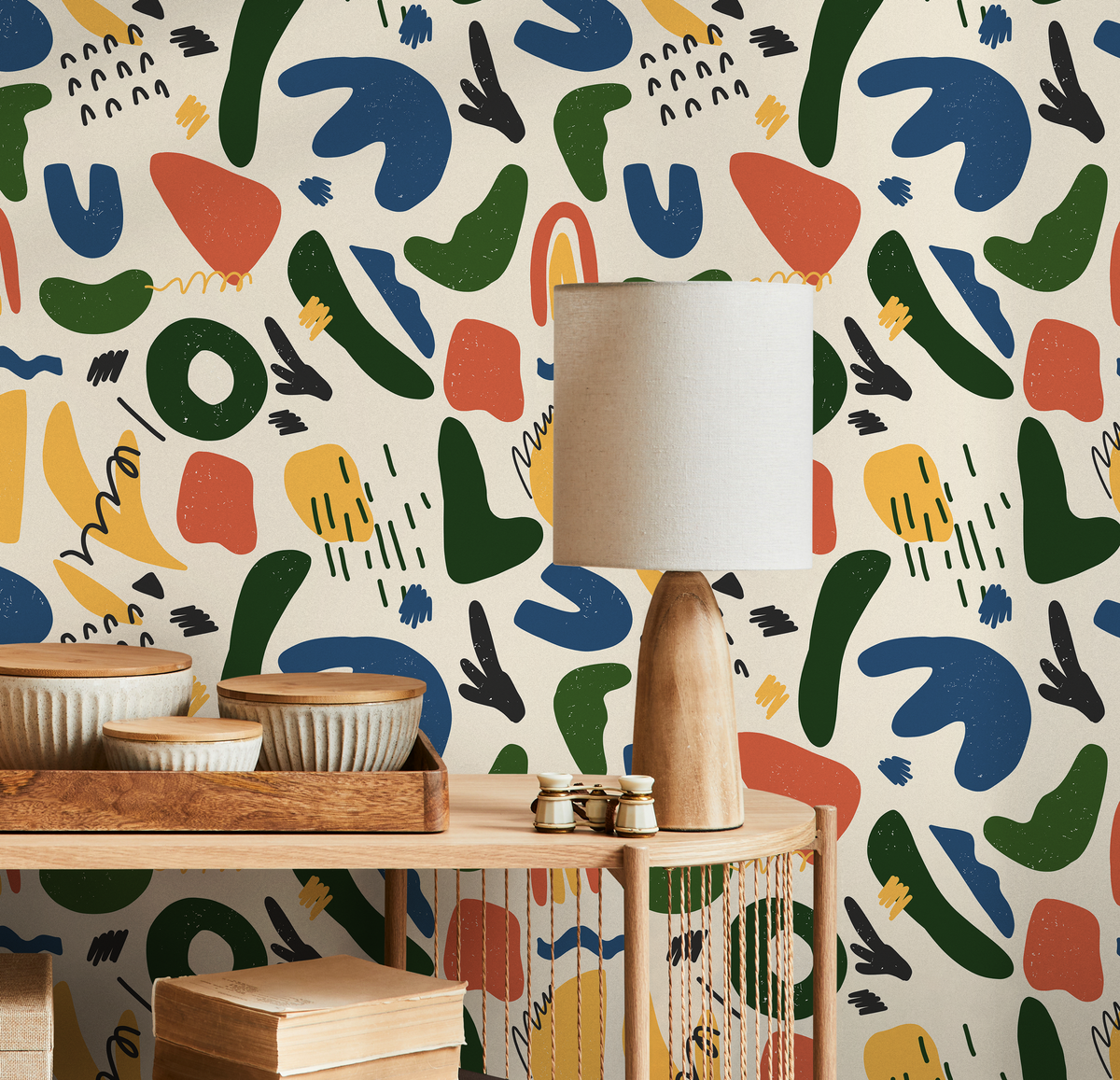 Abstract Wallpaper with Colorful Organic Shapes in Blue, Green, and Yellow - detail view