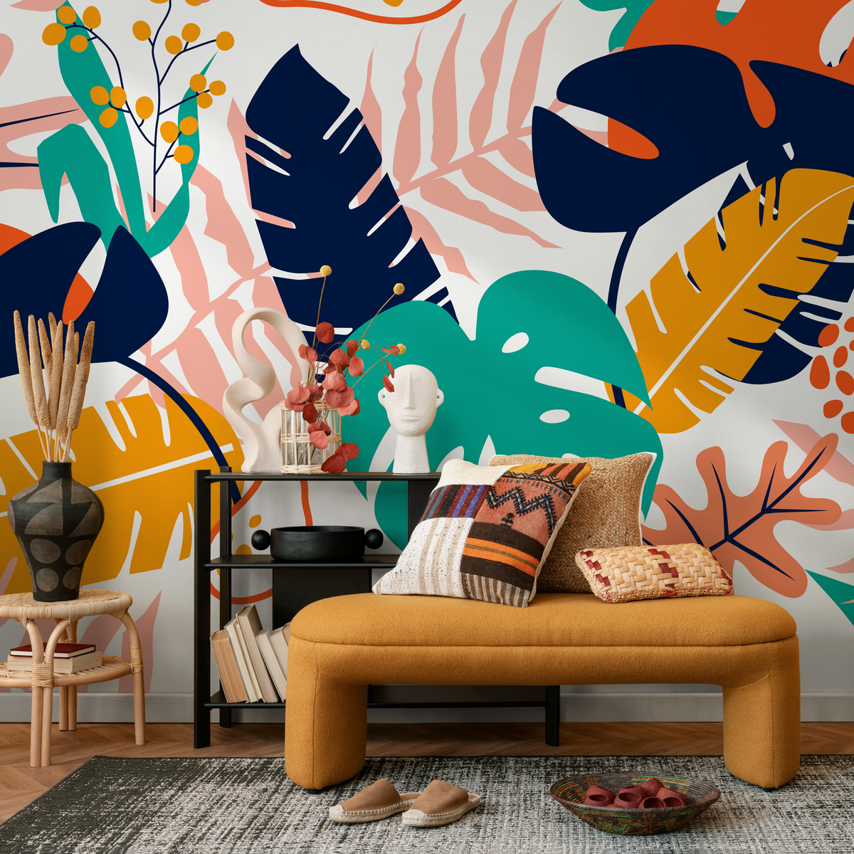 Botanical Wallpaper with Abstract Leaves in Orange, Blue, and Teal - detail view