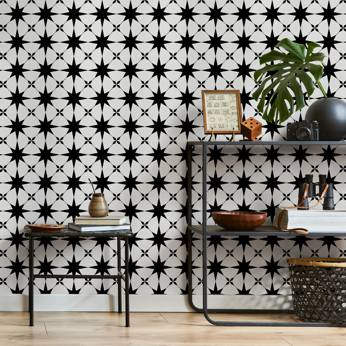 Geometric Wallpaper with a Graphic Star Pattern in Black and White - detail view