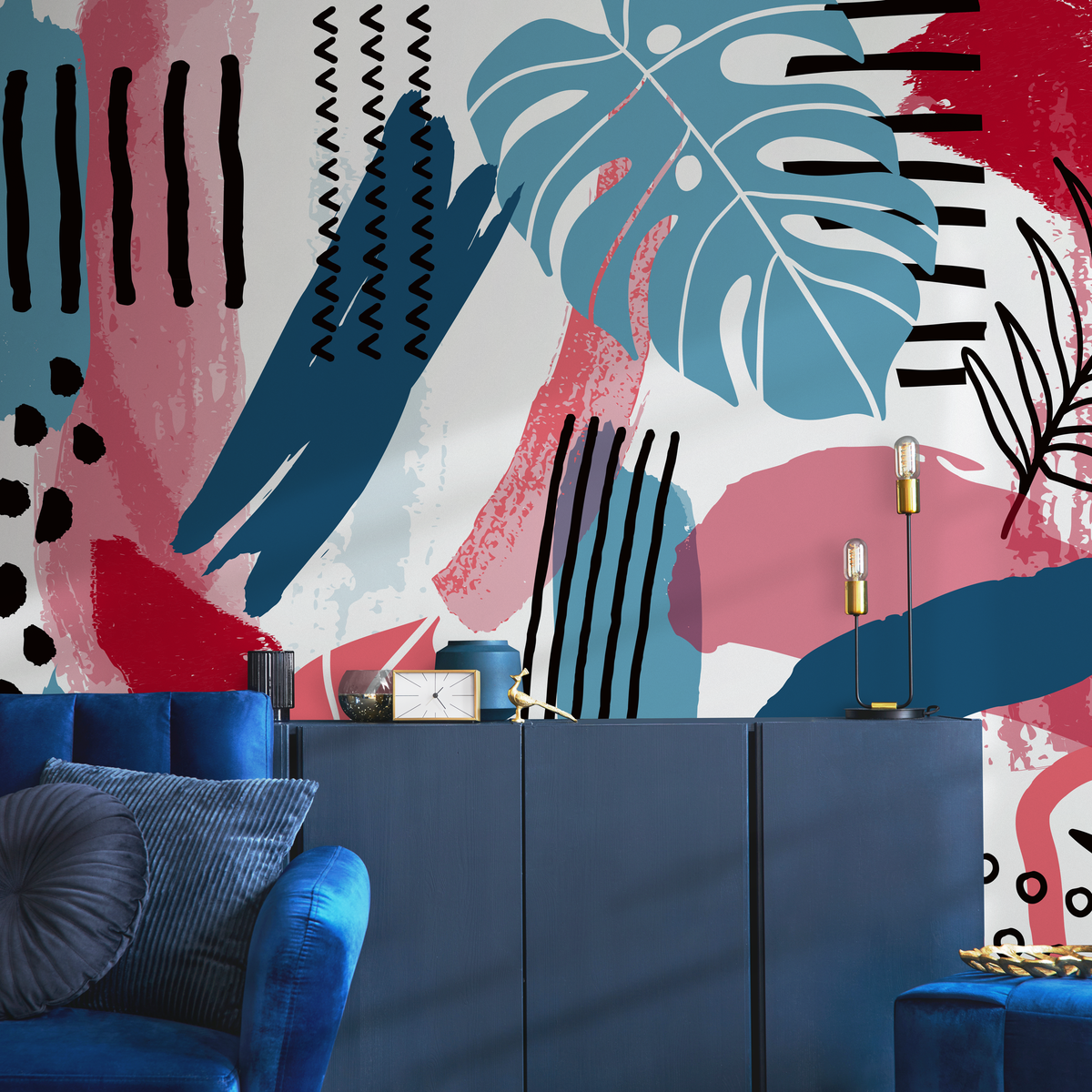 Abstract Wallpaper with Botanical Motifs in Pink, Blue, and Black - detail view