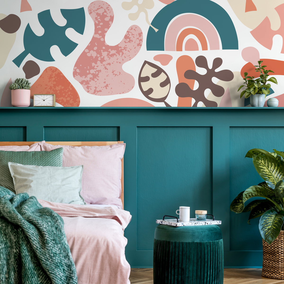 Abstract Wallpaper with Modern Organic Shapes in Rust, Pink, and Teal - detail view