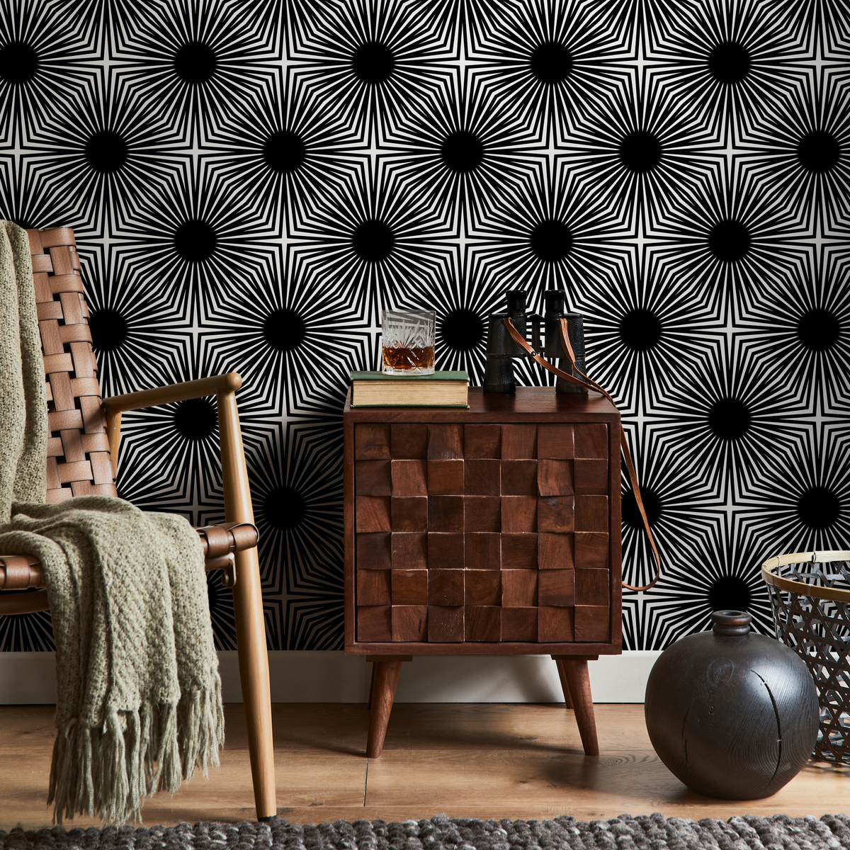 Geometric Wallpaper with a Bold Starburst Motif in Black and White - detail view
