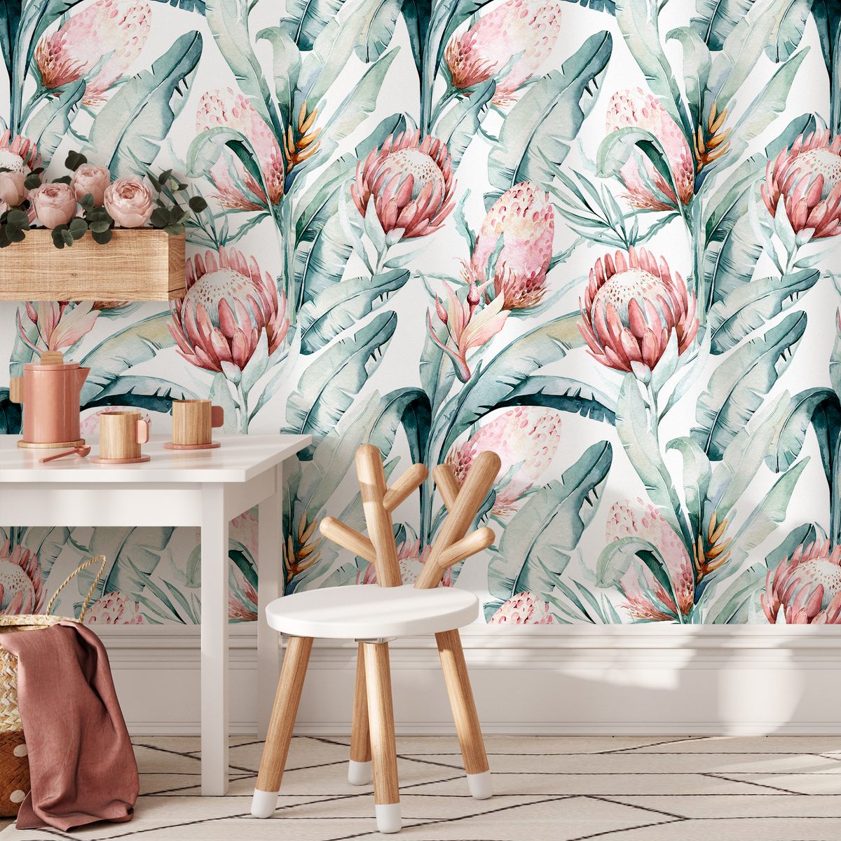 Botanical Wallpaper with Watercolor Protea Flowers in Pink and Green - detail view