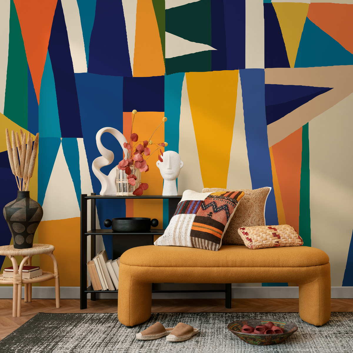 Abstract Wallpaper with Bold Shapes in Blue, Orange, and Yellow - detail view