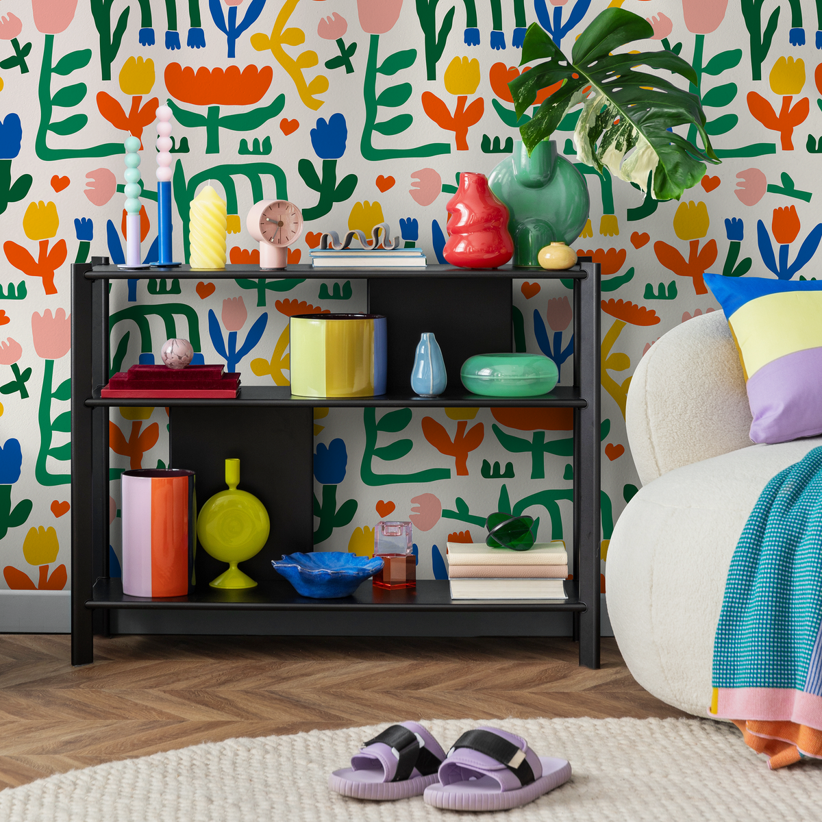 Kids Wallpaper with Abstract Floral Shapes in Green, Orange, and Blue - detail view