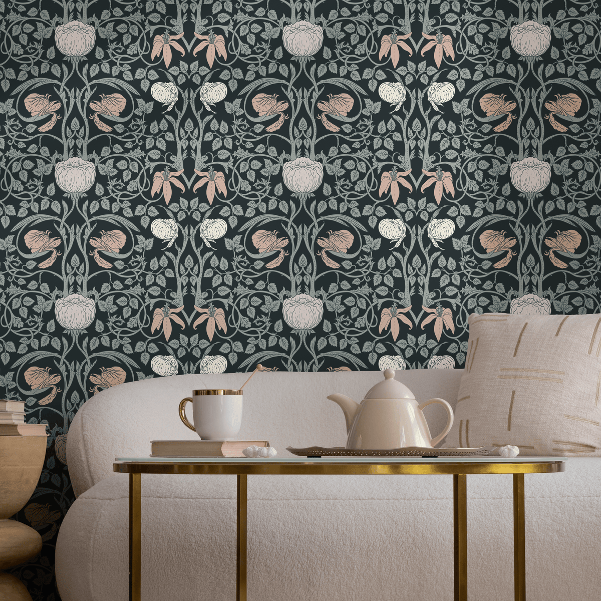 Art Nouveau Wallpaper with Vintage Intricate Floral Vines in Black, Green, and Pink - detail view