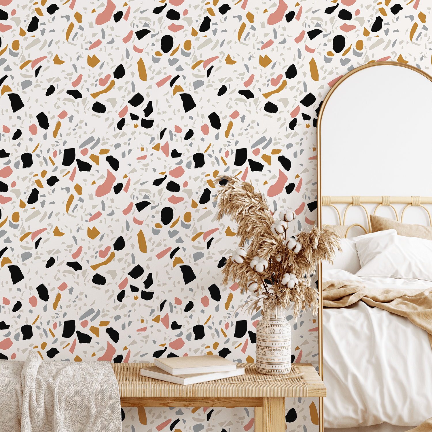 Terrazzo Wallpaper with a Modern Mosaic in Black, Pink, and Ochre - B904