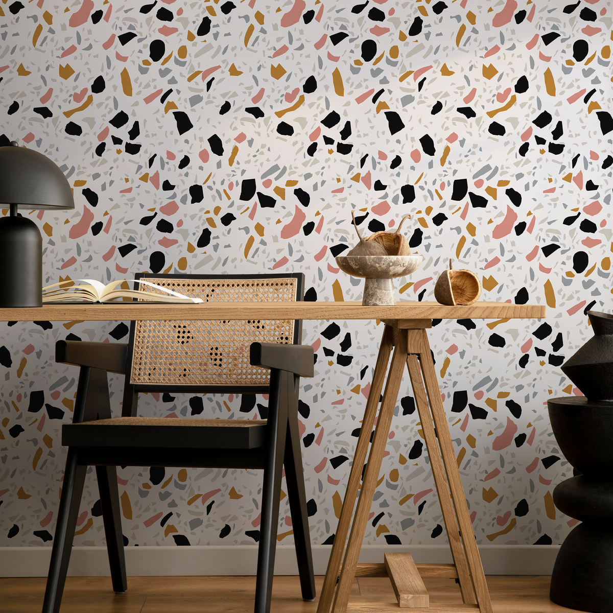 Terrazzo Wallpaper with a Mosaic in Black, Pink, and Ochre - detail view