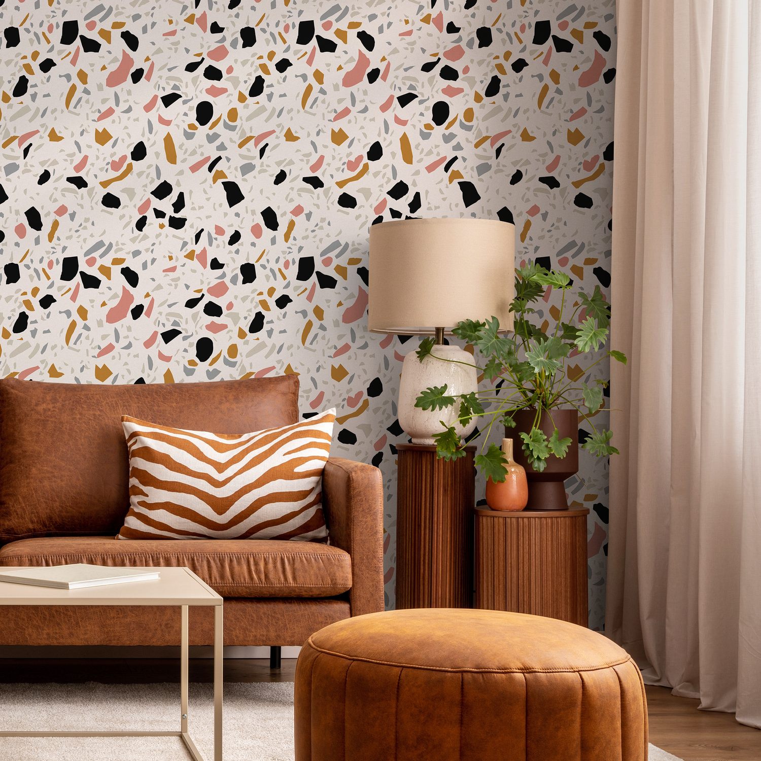 Terrazzo Wallpaper with a Modern Mosaic in Black, Pink, and Ochre - B904