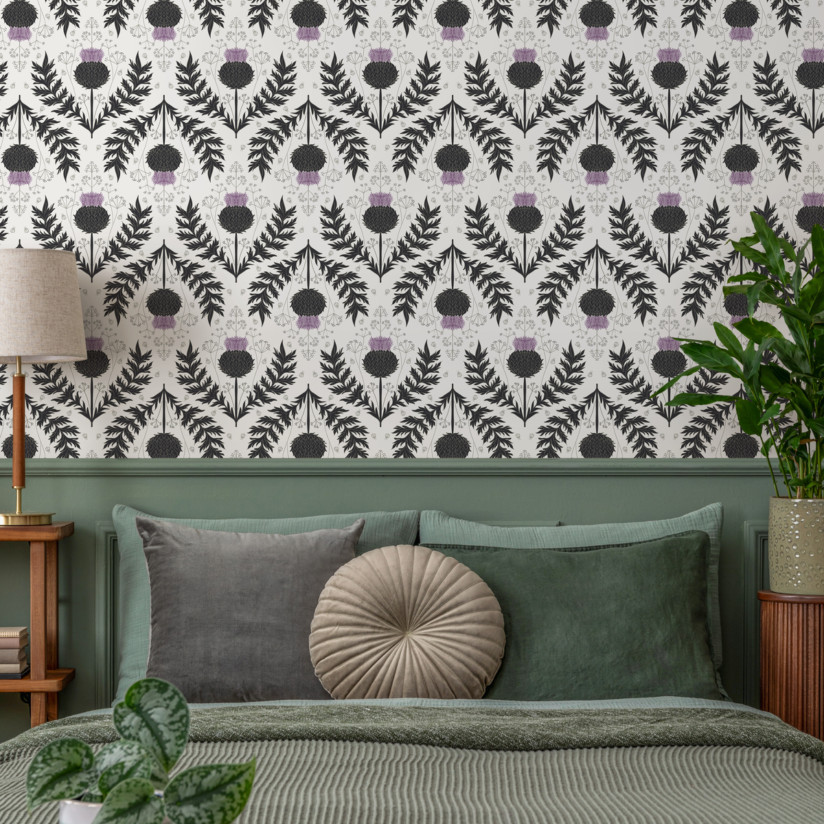 Botanical Wallpaper with a Scottish Thistle Motif in Black, Purple, and Gray - detail view