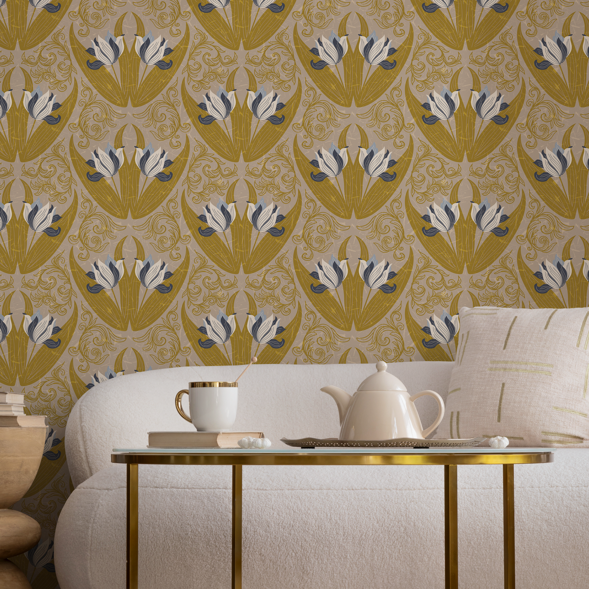 Art Nouveau Wallpaper with a Stylized Tulip Damask in Ochre, Blue, and Taupe - detail view