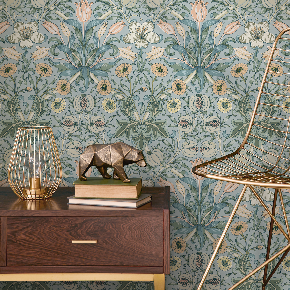 Art Nouveau Wallpaper with a Floral and Fruit Motif in Blue, Green, and Peach - detail view