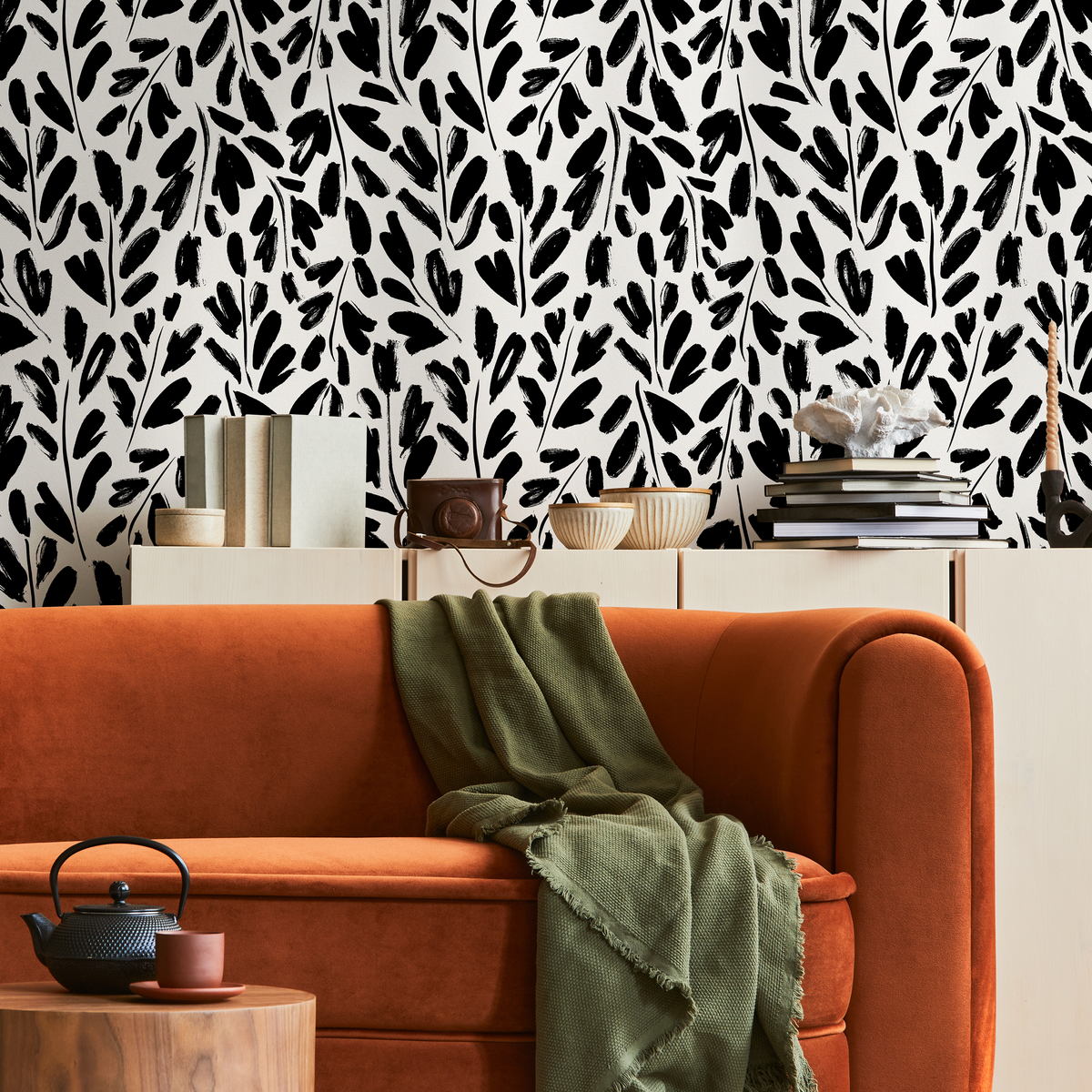 Abstract Wallpaper with Painted Leafy Brushstrokes in Black and White - detail view