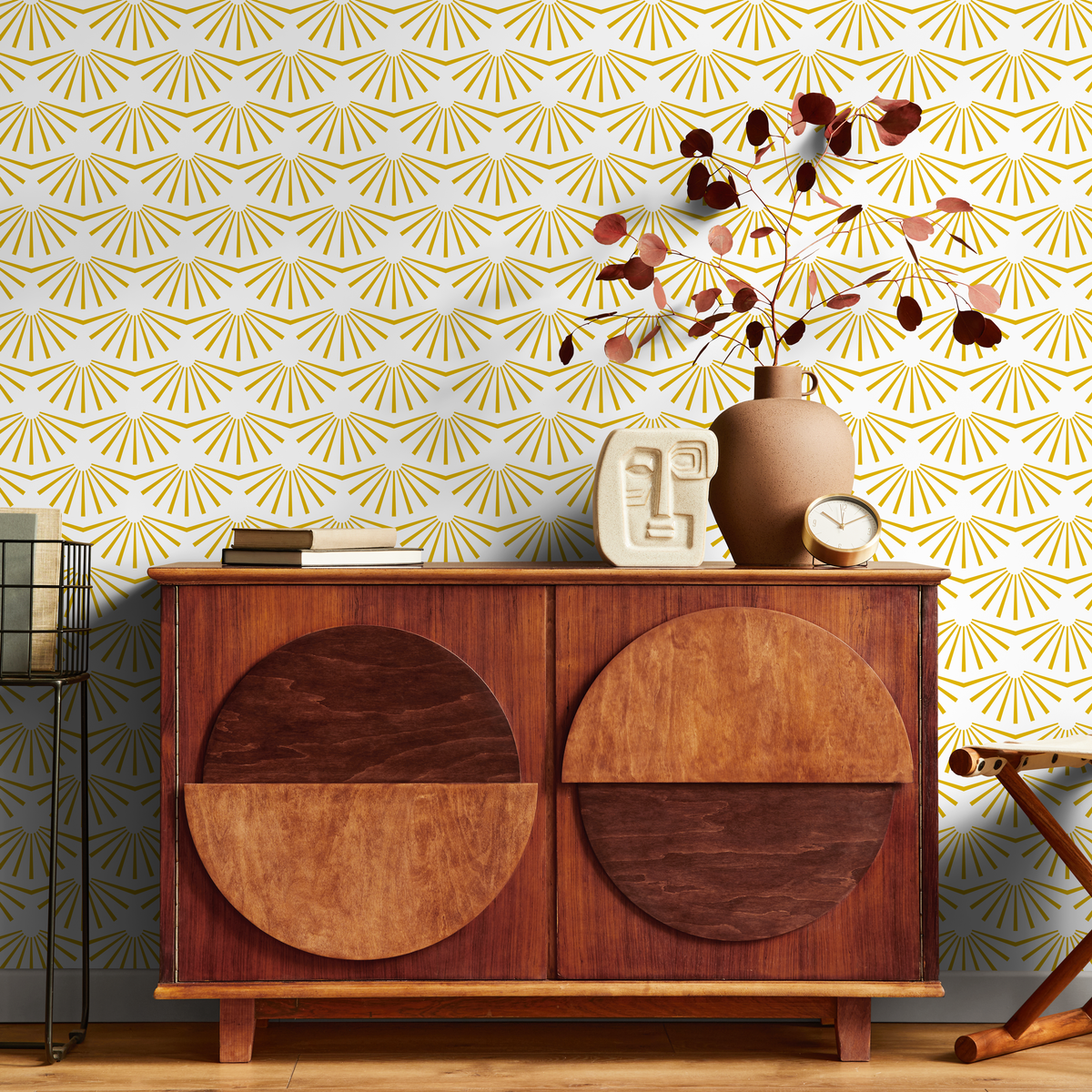 Art Deco Wallpaper with a Geometric Sunburst Motif in Yellow - detail view