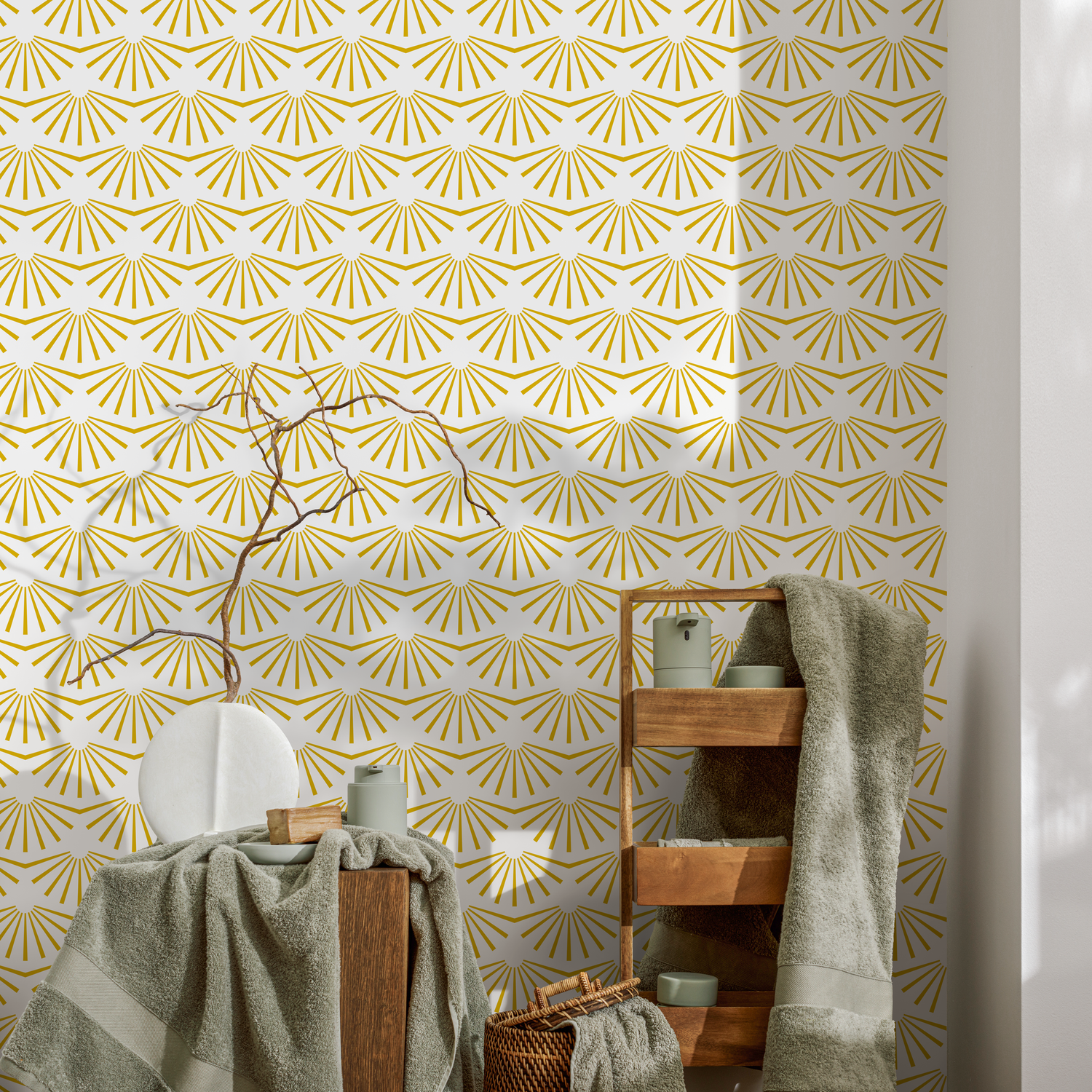 Art Deco Wallpaper with a Geometric Sunburst Motif in Yellow - B911