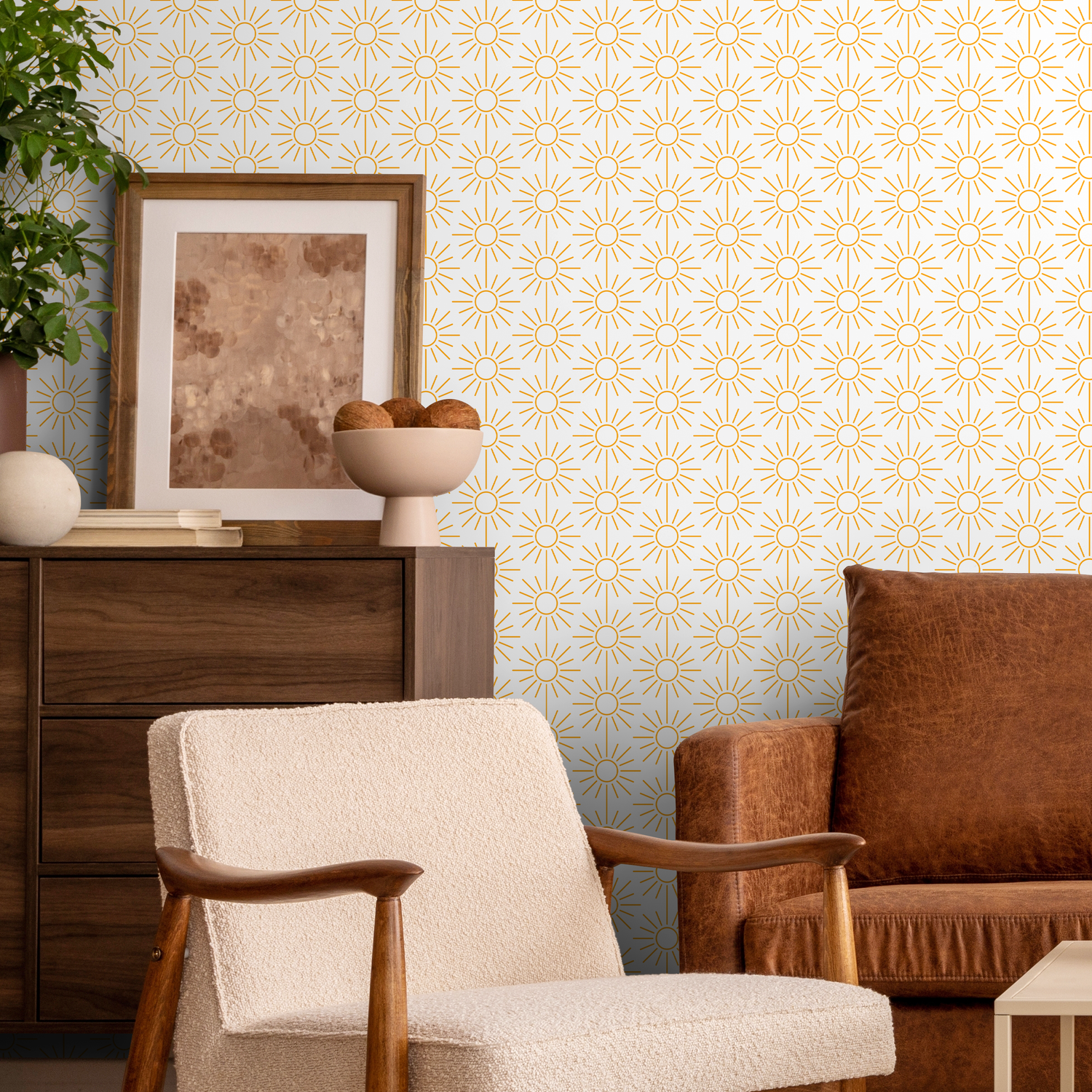 Geometric Wallpaper with a Minimalist Sunburst Motif in Yellow - B914