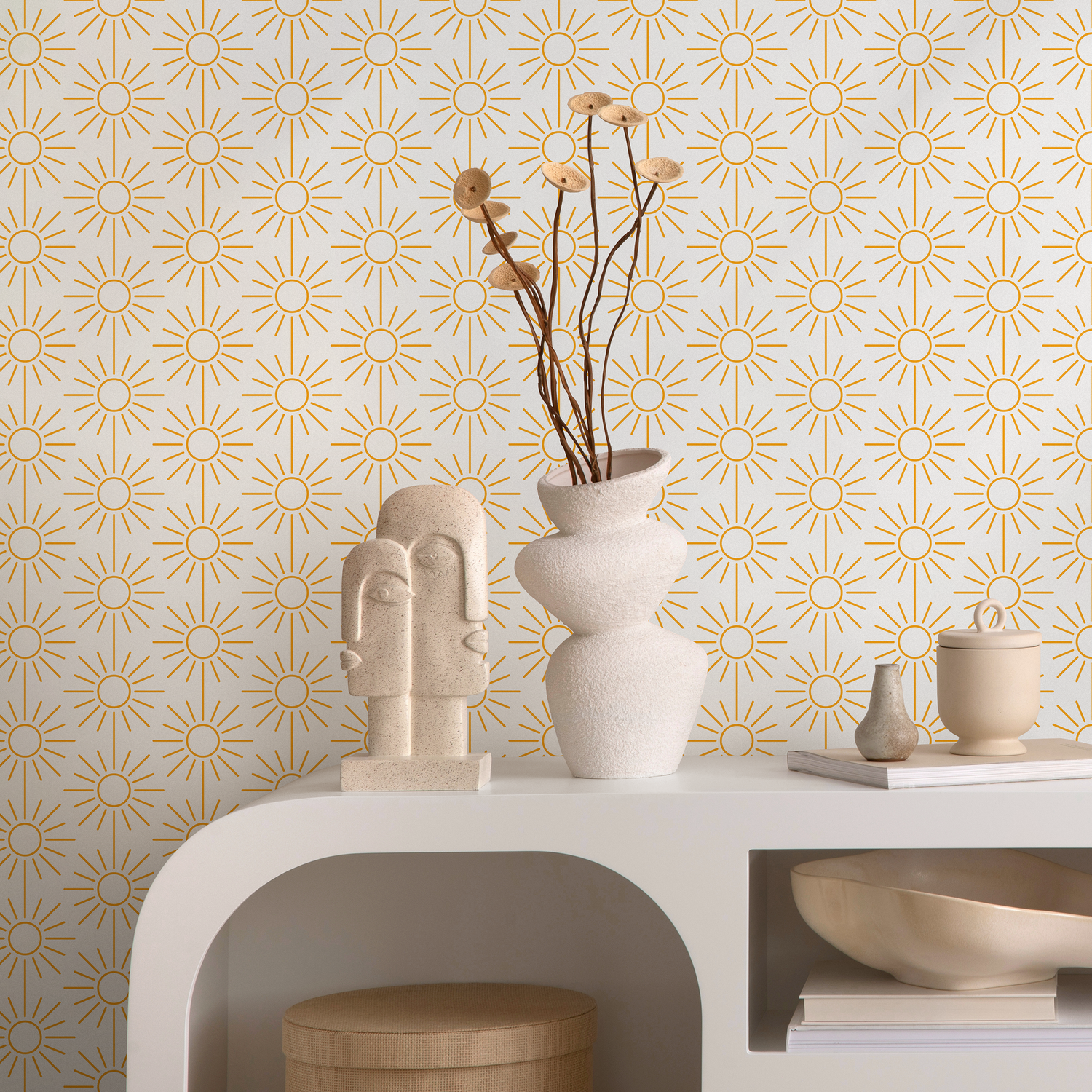 Geometric Wallpaper with a Minimalist Sunburst Motif in Yellow - B914