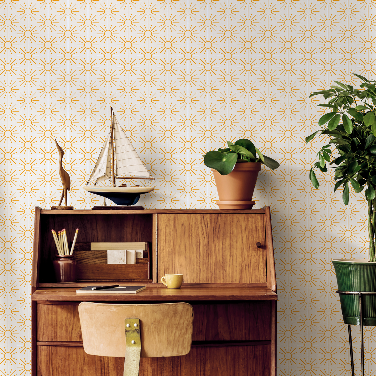 Geometric Wallpaper with a Minimalist Sunburst Motif in Yellow - detail view