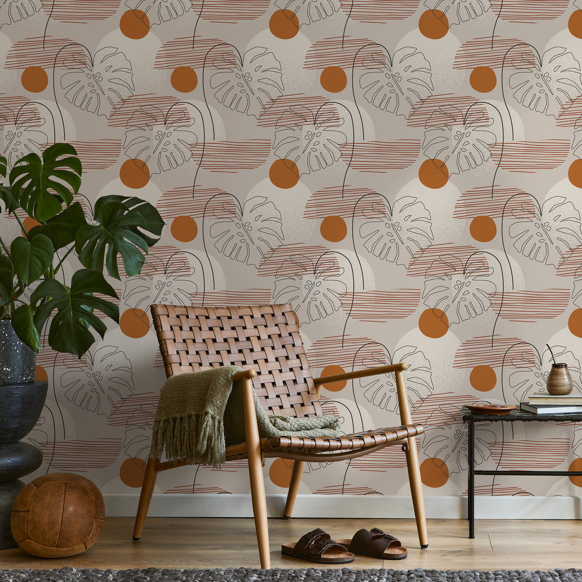 Botanical Wallpaper with Abstract Monstera Leaves in Terracotta and Black - detail view