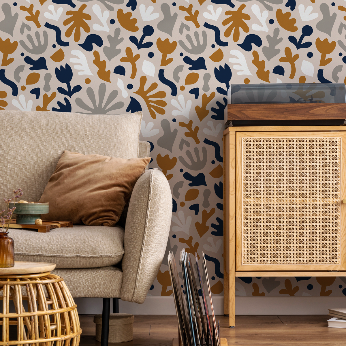 Scandinavian Wallpaper with Abstract Botanicals in Navy, Ochre, and Cream - detail view