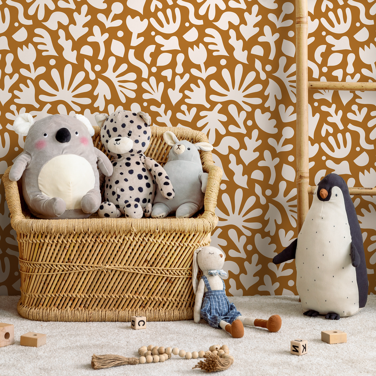 Modern Abstract Wallpaper with Matisse Inspired Botanical Shapes in Ochre and White - detail view