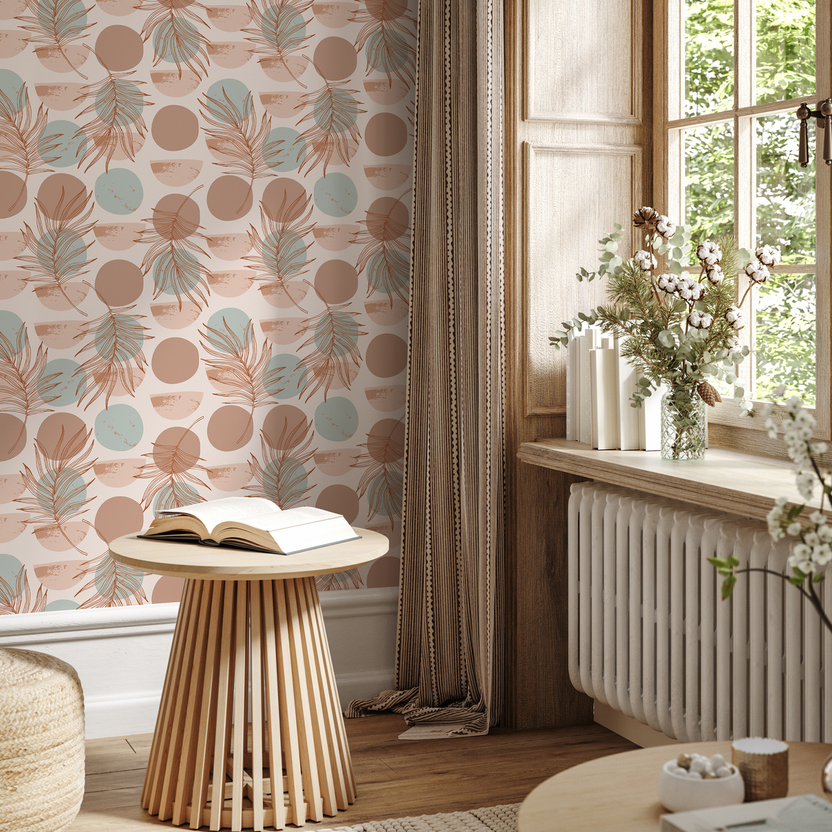 Abstract Wallpaper with Palm Fronds and Circles in Terracotta and Blue - detail view