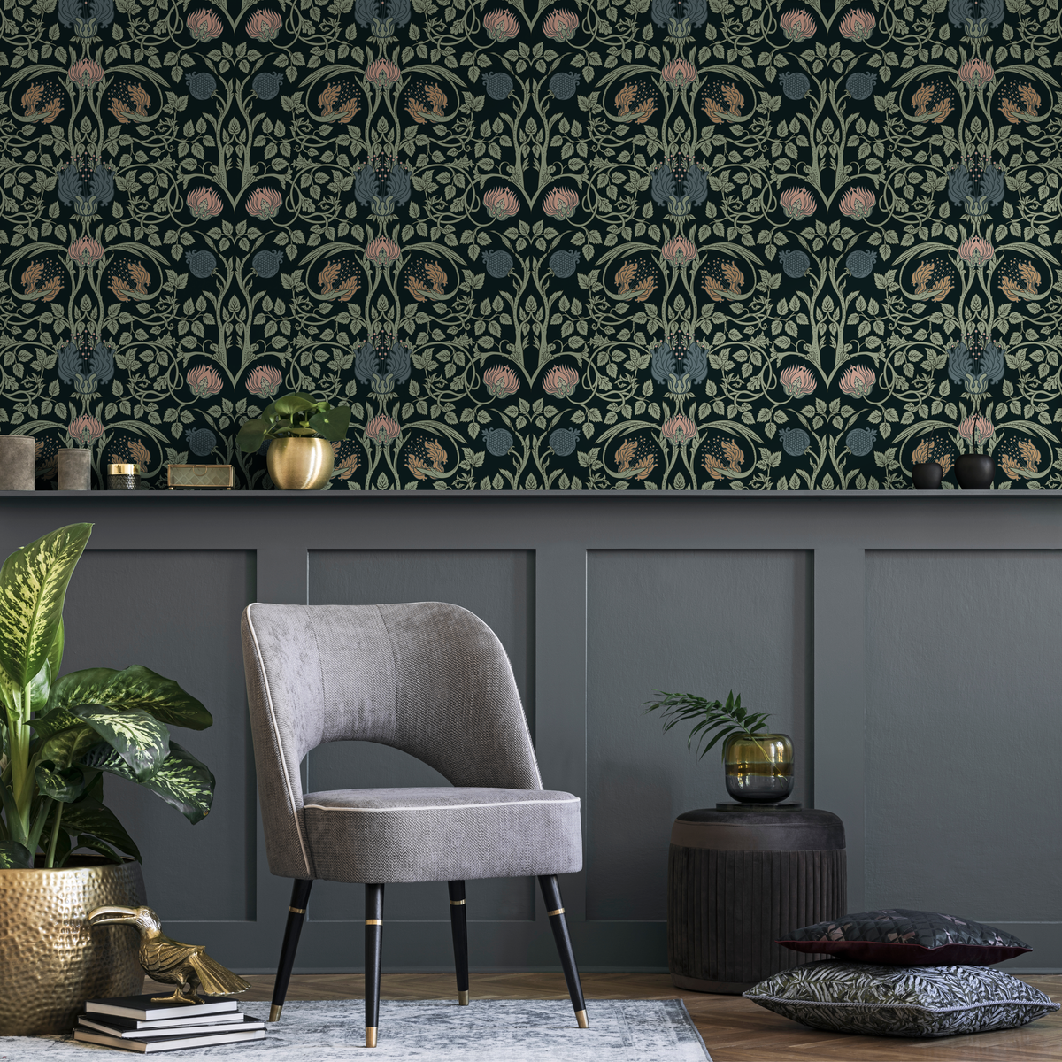 Vintage Art Nouveau Wallpaper with an Intricate Floral Damask in Green, Pink, and Blue - detail view