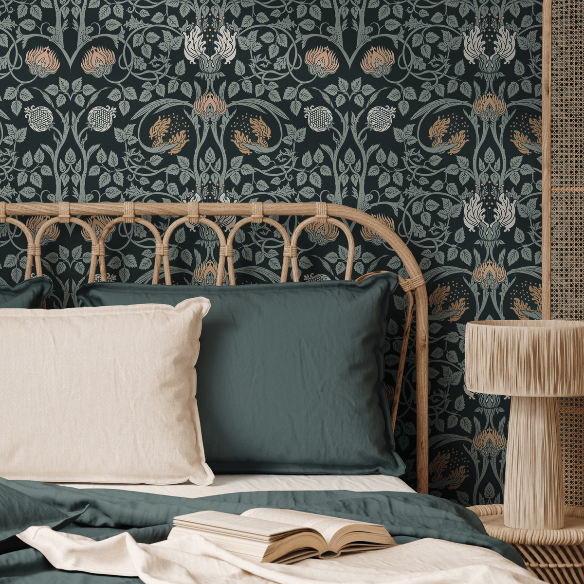 Art Nouveau Wallpaper with a Vintage Pomegranate and Floral Motif in Black, Coral, and Gold - detail view