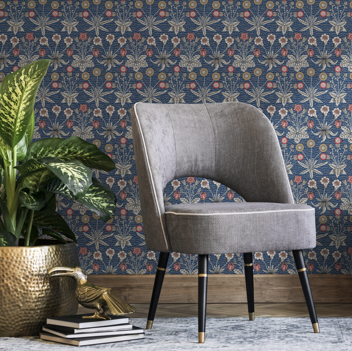 Vintage Floral Wallpaper Featuring Intricate Stylized Flowers in Blue, Red, and Yellow - detail view