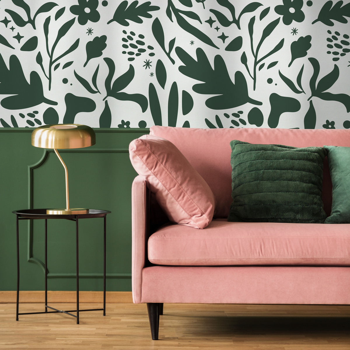 Abstract Wallpaper with a Modern Botanical Motif in Dark Green - detail view