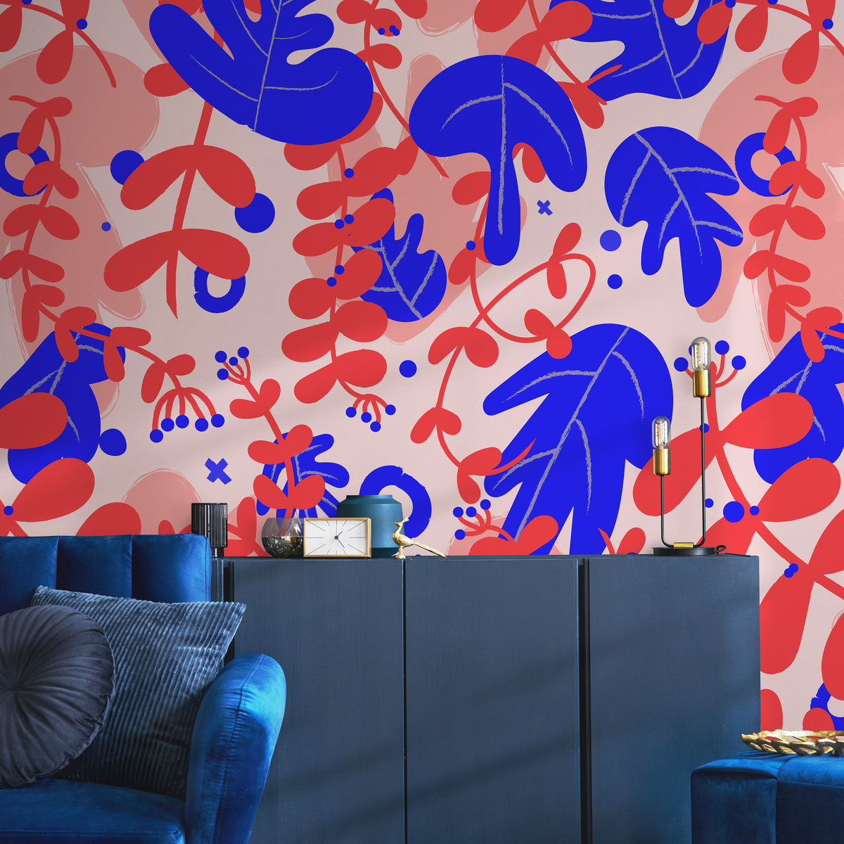 Botanical Wallpaper with Abstract Floral Shapes in Red and Blue - detail view