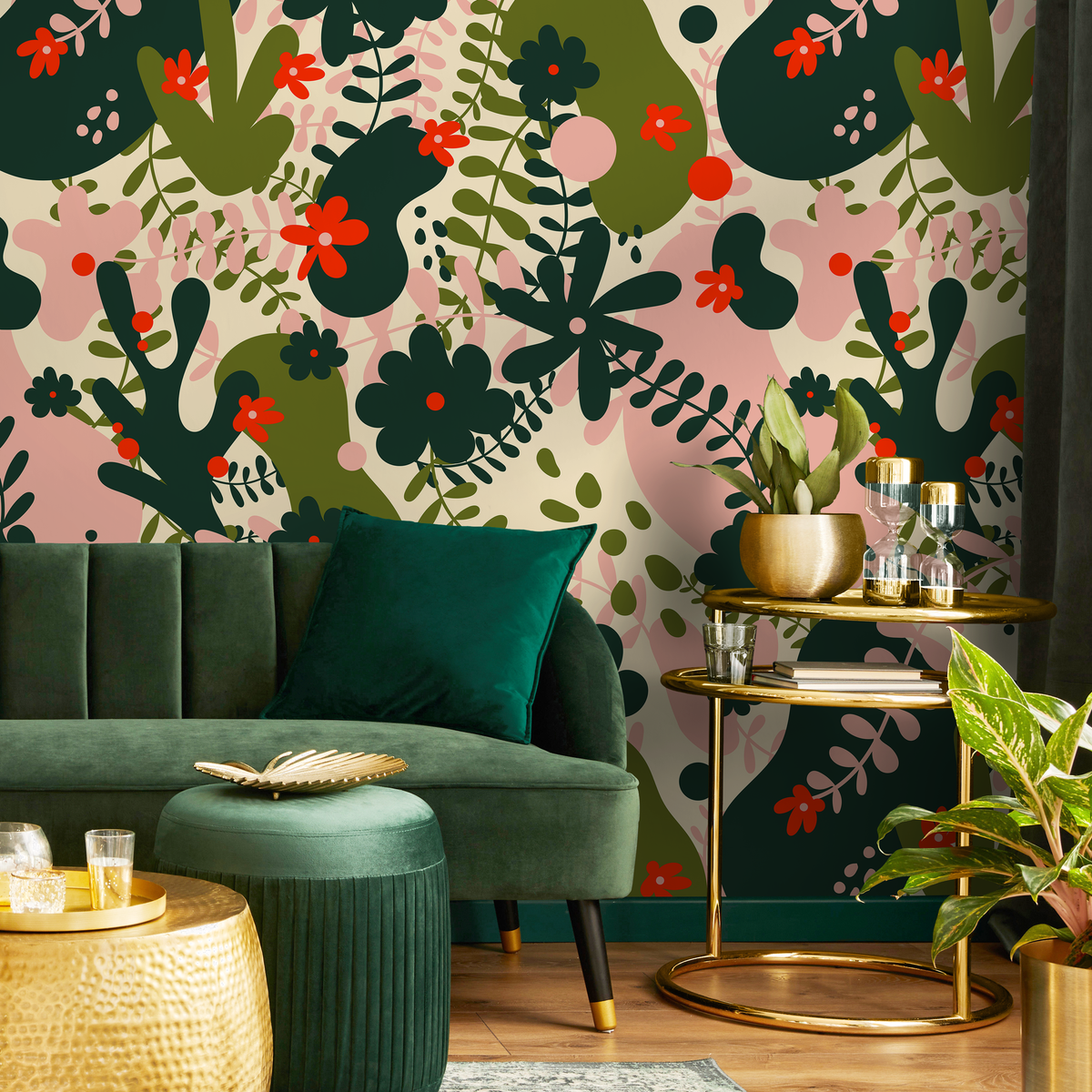 Abstract Floral Wallpaper with Organic Blooms in Green, Pink, and Red - detail view