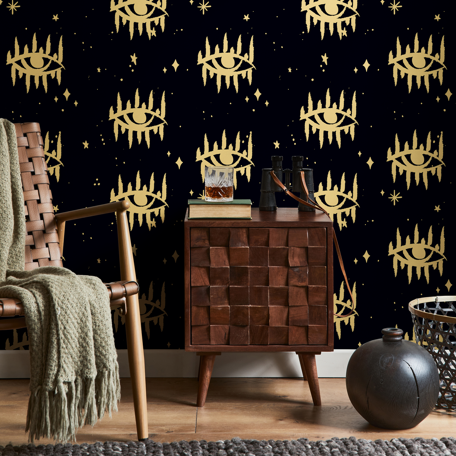 Mystical Wallpaper with a Celestial Eye and Star Motif in Gold and Black - AS2-B931