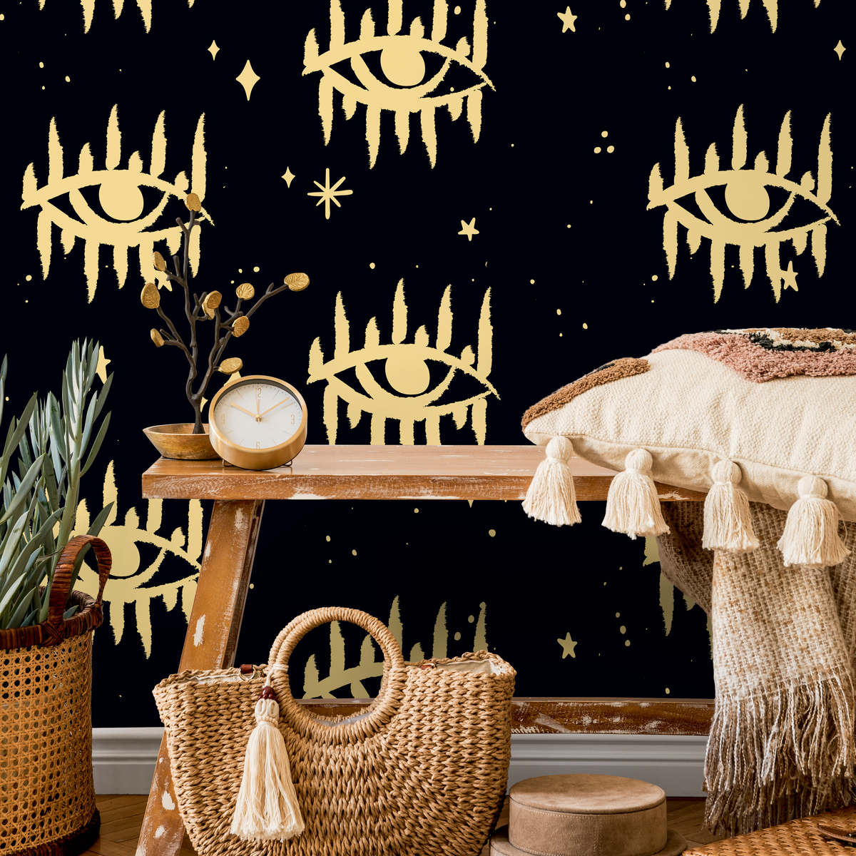 Mystical Wallpaper with a Celestial Eye and Star Motif in Gold and Black - AS2 - detail view
