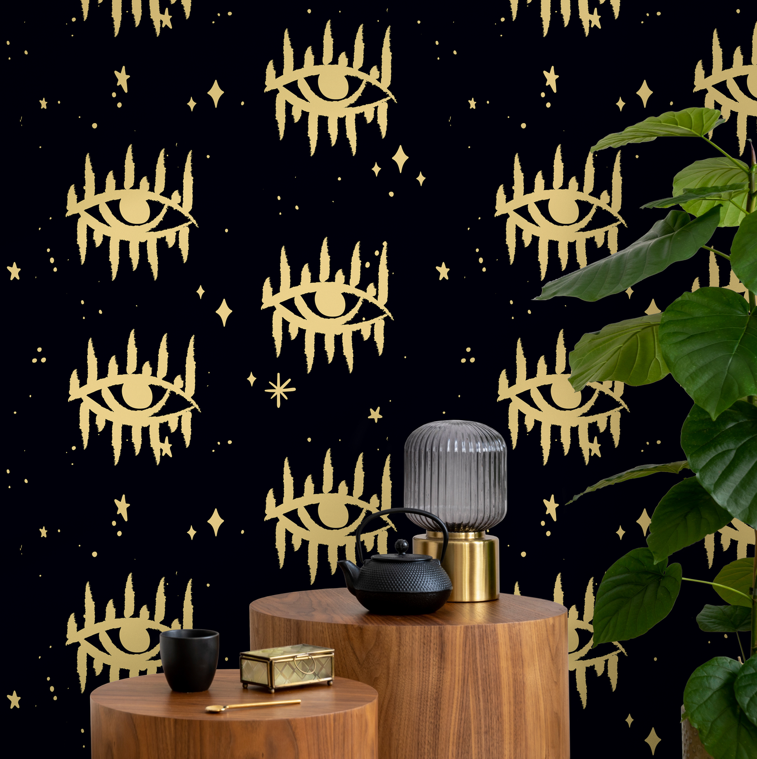 Mystical Wallpaper with a Celestial Eye and Star Motif in Gold and Black - AS2-B931