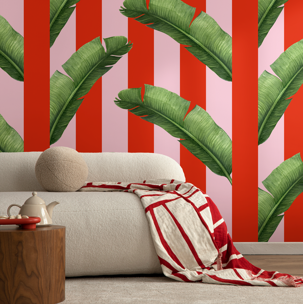 Tropical Wallpaper with Bold Stripes and Banana Leaves in Red, Pink, and Green - AS2 - detail view