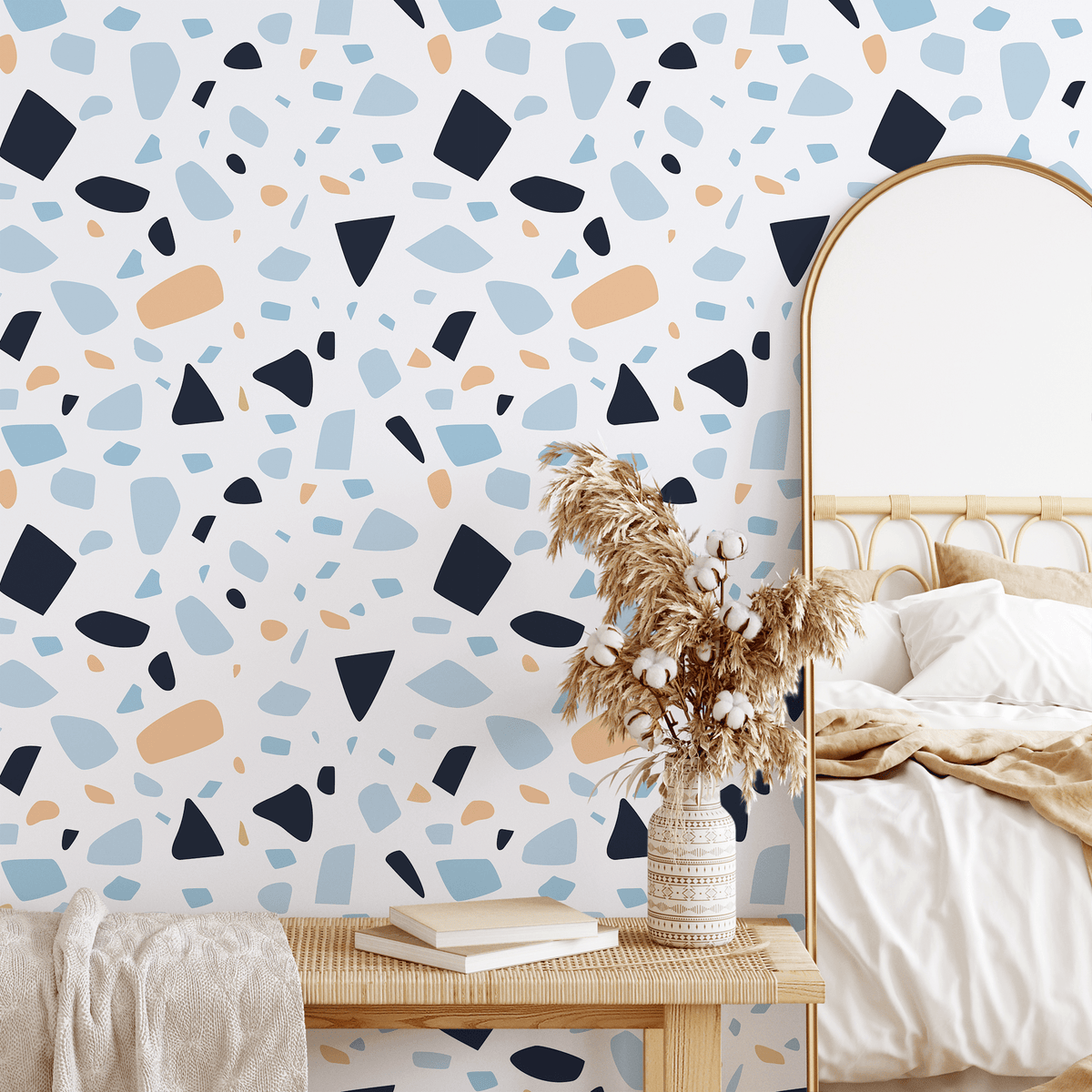 Terrazzo Wallpaper with Abstract Shapes in Blue and Beige - detail view